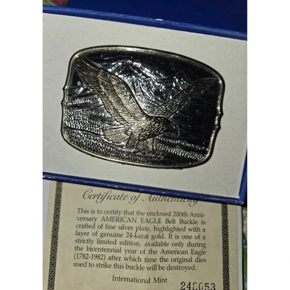 Vintage 1982 American Eagle Bicentennial Belt Buckle Silver Plate 24 Gold IOB
